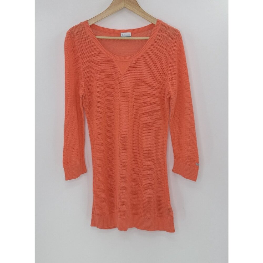 Columbia Open‎ Knit Coral Orange 3/4 Sleeve Pullover Cotton Shirt Tunic L Beach